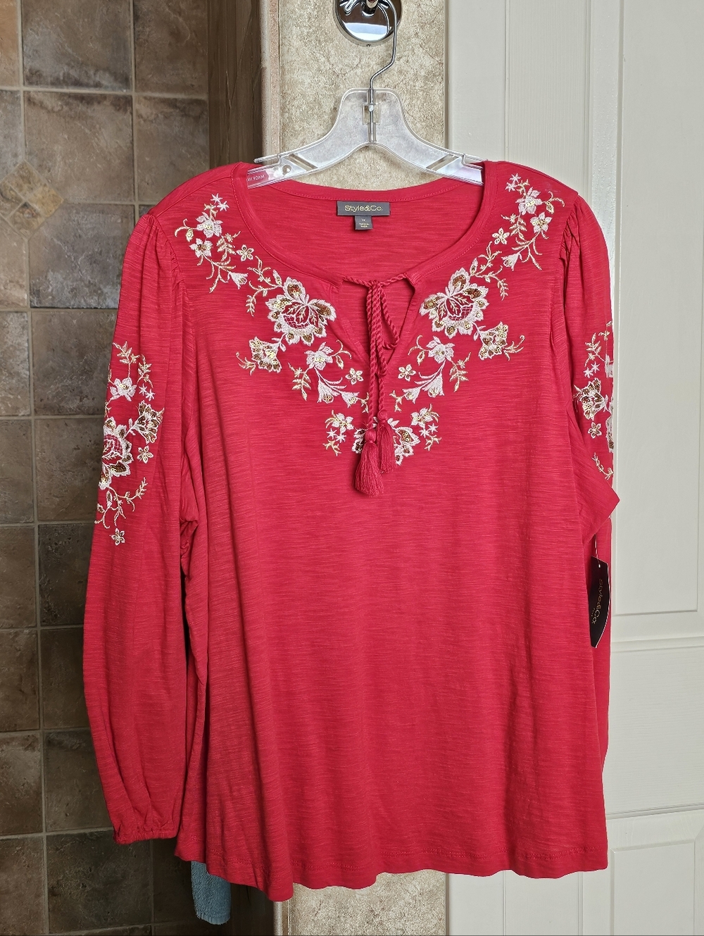 NWT Style & Co. Red Embroidered Floral Women's Top - Size 1X